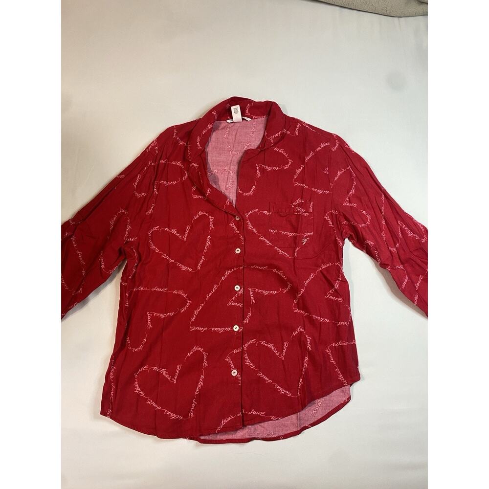Victoria Secret Pajama Top Womens Medium Red Hearts Button Up